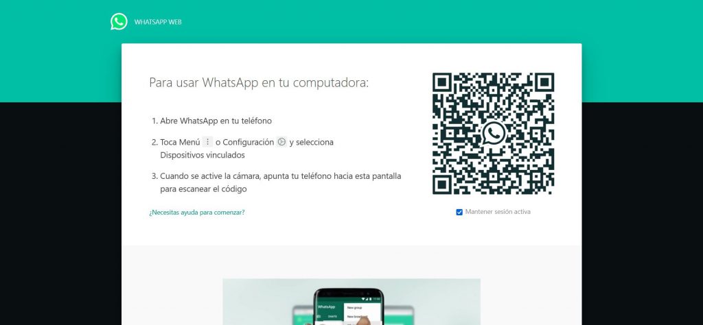 Imágen de un Código QR utilizado para la vinculación de WhatsApp Web